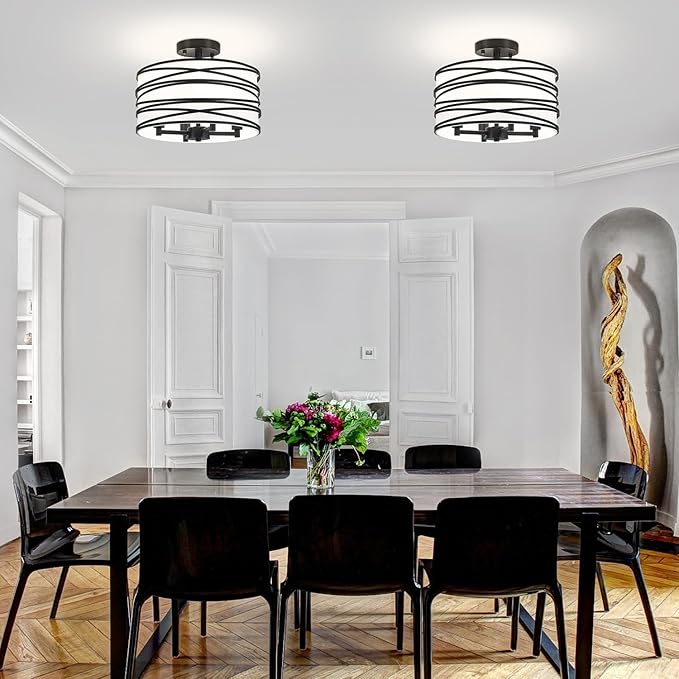 TOULMJ 4-Light Semi Flush Mount Ceiling Light, Black Drum Chandelier with White Fabric Shade, Modern Entryway Light Fixtures for Kitchen Island Laundry Room Hallway Dining Room