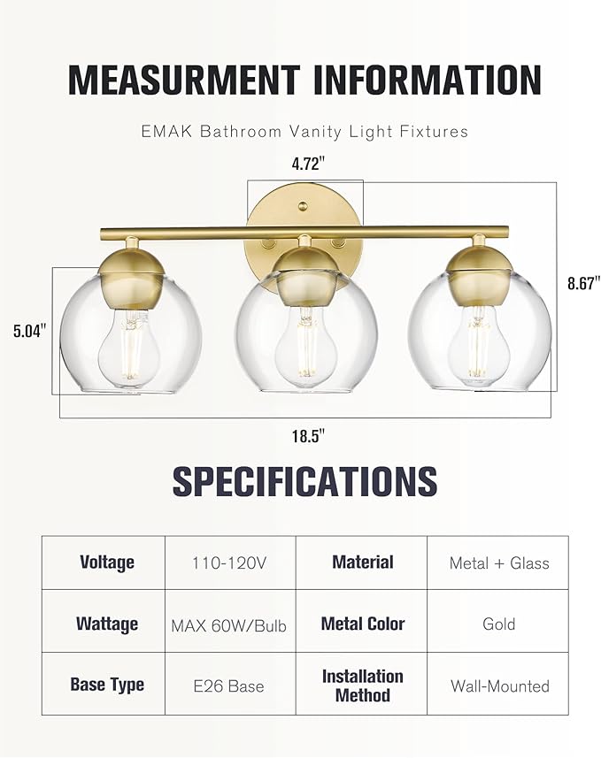 Emak 3-Light Gold Bathroom Light Fixtures Over Mirror, Globe Clear Glass Bathroom Vanity Lights, VL114-GDL-3