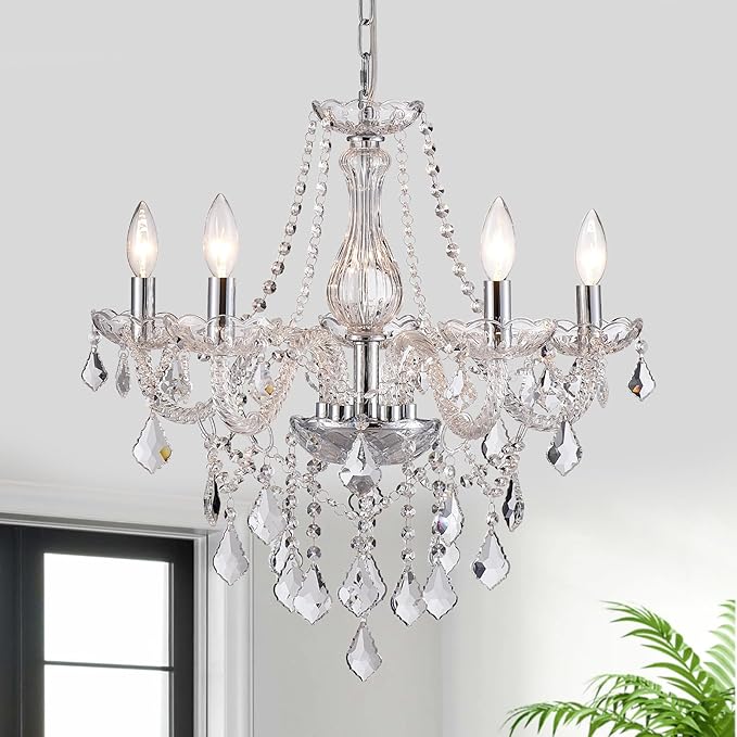 5-Light Modern Candle Crystal Glass Chandelier Pendant Ceiling Lighting Fixture for Dining Room Kitchen Hallway Living Room Bedroom Bar Closet, 23" Chrome Contemporary Elegant Lamp