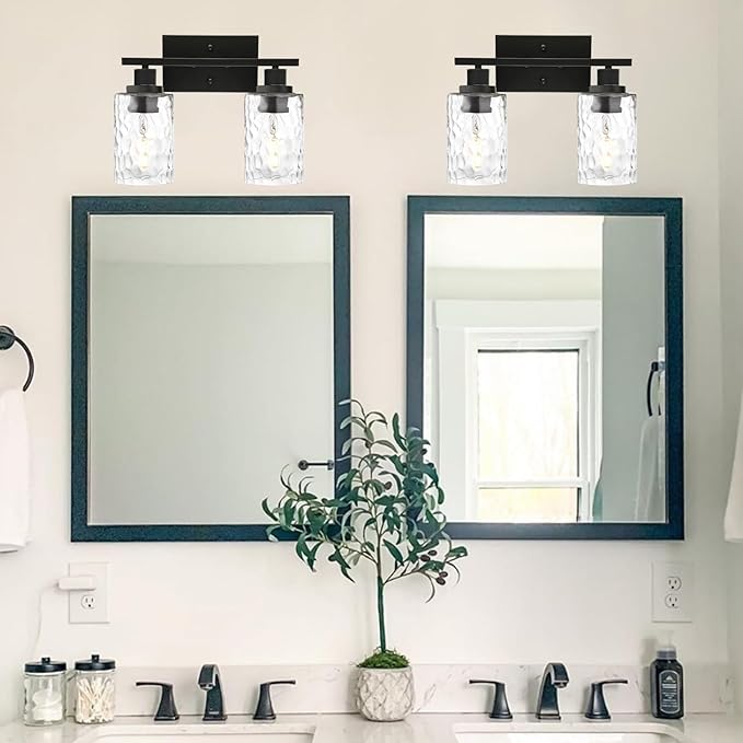 MELUCEE Indoor Wall Sconce Lighting 2-Light Matte Black with Clear Hammered Glass, Modern Bathroom Vanity Light Fixtures Wall Lamp for Mirror Cabinets Powder Room (Patent No.: US D963914 S)