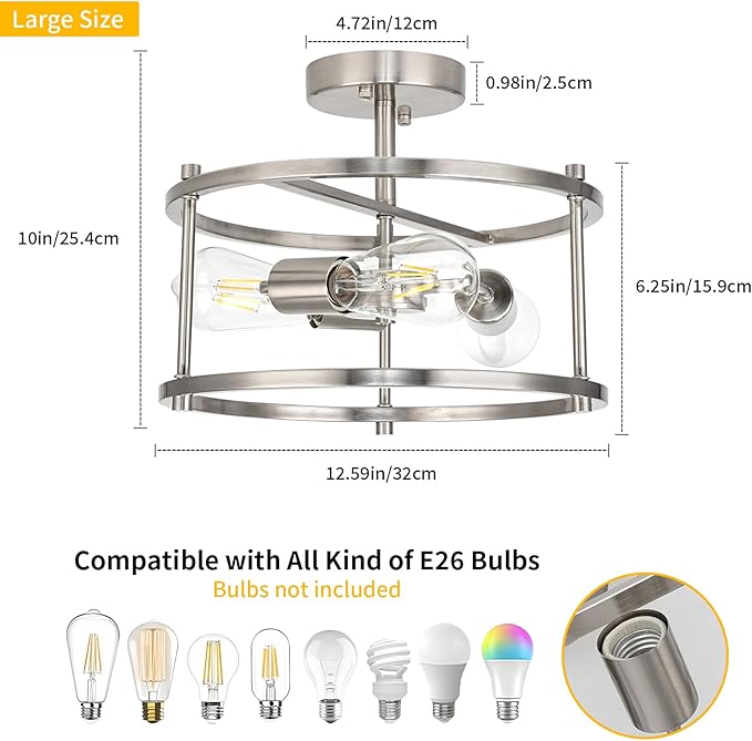 Semi Flush Mount 3-Light Modern Kitchen Light Fixtures - Brushed Nickel Metal Cage Ceiling Lights for Bedroom, Dining Room, Living Room, Hallway, Foyer