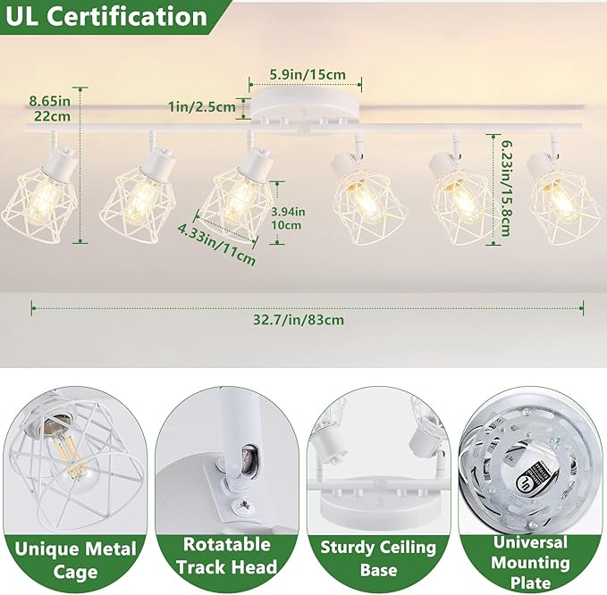 6-Lights White Semi Flush Mount Ceiling Light with Geometric Metal Cage, Modern Kitchen Track Lighting Fixtures Ceiling, Rotatable Close to Ceiling lamp for Entryway, Living Room, Hallway
