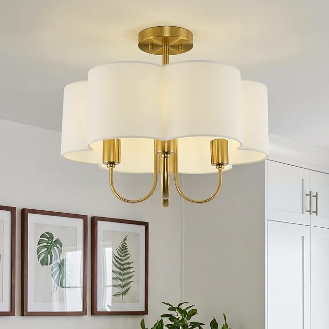 Gold Semi Flush Mount Ceiling Light, 18" 4-Light Light Fixtures Ceiling Mount with Beige Petal Fabric Shade for Kitchen Nursery Entryway Hallway Bedroom, E26 Base, SM179-BG-B-6
