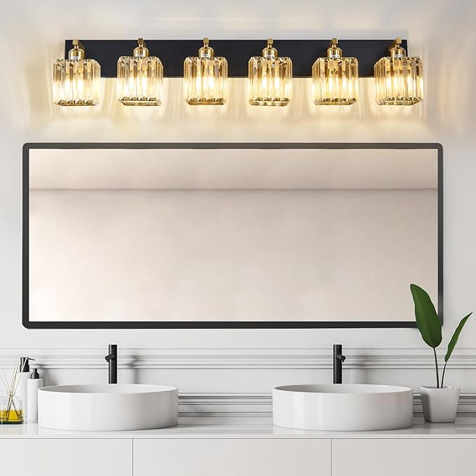 Modern Crystal Bathroom Vanity Light 6-Lights Modern Black Gold Crystal Bathroom Wall Light Over Mirror Vanity Light Fixtures