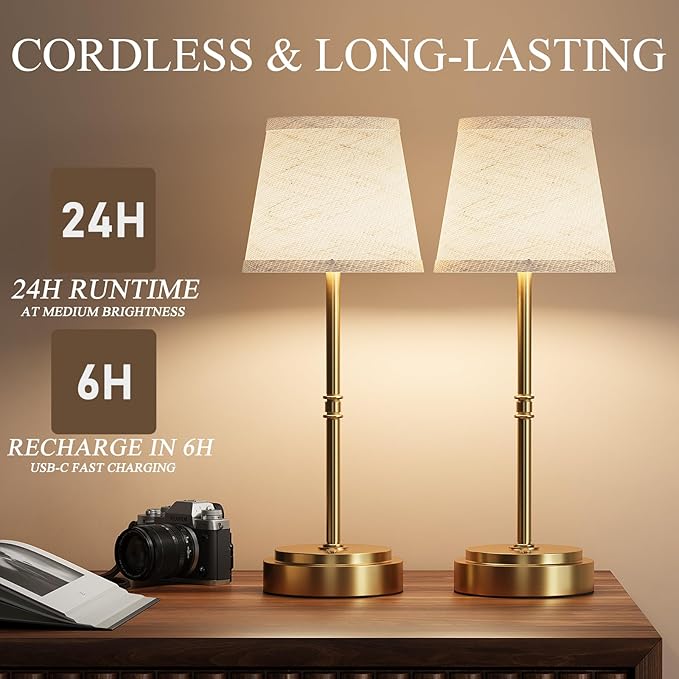 Cordless Table Lamp Rechargeable - Portable LED Desk Lamp for Dining Room,Bedroom,Patio - 2-in-1 Adjustable Height (16"/11") Touch Light - Stepless Dimmable(Warm White) (Antique Brass, 2 Pack)