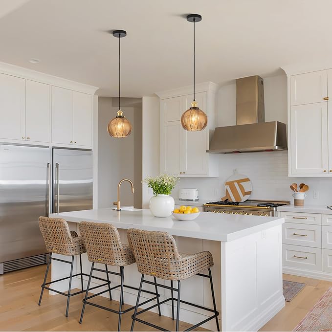 7.8in Vintage Pendant Light 2- Light Kitchen Sink Pendant Lights with Amber Hand Blown Glass Small Hanging Lamp for Kitchen Island Dining Room Bedroom Bathroom Hallway E26