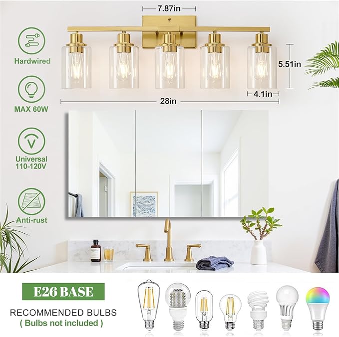 MOKATNG 5-Light Bathroom Light Fixtures, Vanity Light with Clear Glass Shades, Brushed Gold Bathroom Light Fixtures Over Mirror, Modern Bathroom Wall Lamp for Mirror Living Room Cabinet Bedroom