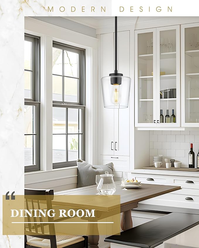 Black Pendant Lights Kitchen Island, 6" Hanging Lights Fixtures with Clear Glass Shade, Modern Kitchen Pendant Lighting Over Island for Dining Room, AD-22004-1P-BK-C