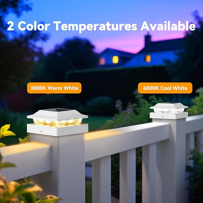 Solar Post Cap Lights 6-Pack, IP65 Waterproof Fence Post Solar Lights for 4x4 Wood/Vinyl Posts, Outdoor Post Lights with 2 Color Modes Decorate Garden Patio Porch Backyard, White