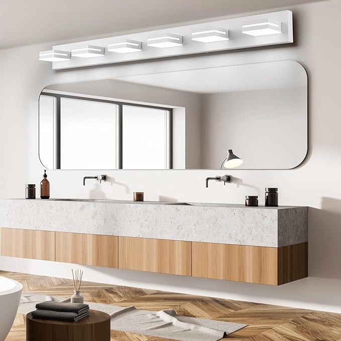 SineRise LED Modern Bathroom Vanity Light Fixtures (6-Light, 48-Inch), Matte White Modern Acrylic Bathroom Wall Lighting Fixtures Over Mirror (Cool White 6000K)