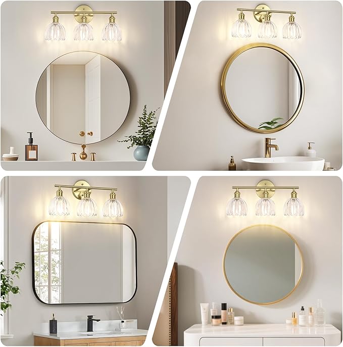 Vintage Bathroom Light Fixtures,3-Light Hardwired Vanity Lights with Clear Tulip Glass Shade,Gold Bathroom Vanity Light for Mirror Restroom,E26 Socket,18.5 in(Bulbs Not Included)