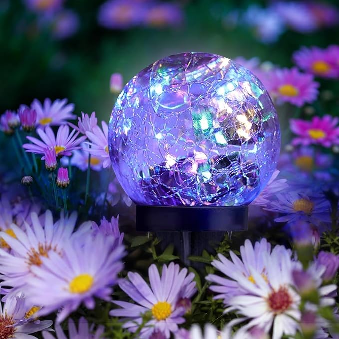 SyouHome Solar Garden Lights Outdoor Waterproof, 4 Pack LEDs Cracked Glass Ball Light, Ground Landscape Garden Decor, Solar Globe Decorative for Pathway/Patio/Lawn/Yard (Multicolor)