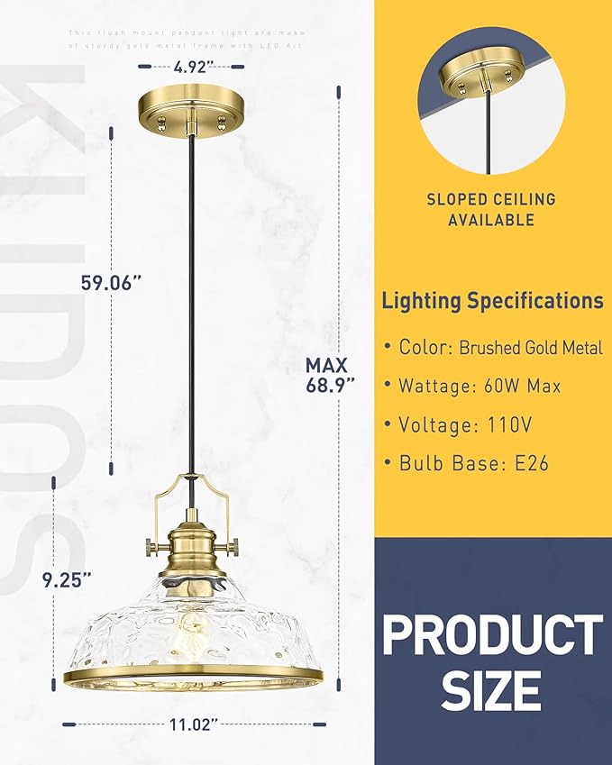 kudos 2 Pack Gold Pendant Lights Kitchen Island, 11" Brass Kitchen Island Lighting with Hammered Glass Shade, Farmhouse Hanging Light Fixture for Kitchen Sink Dining Room Hallways, KDPL13-GD-H-2PK