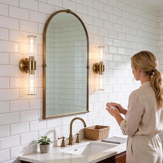 Brushed Gold Wall Sconces Set of 2 (Hardwired Only), Bathroom Vanity Light Fixtures, Modern Cylinder Glass Wall Lights for Mirror 28-40 in Height, NOT Battery Operated, E26 Base (Bulbs Not Included)