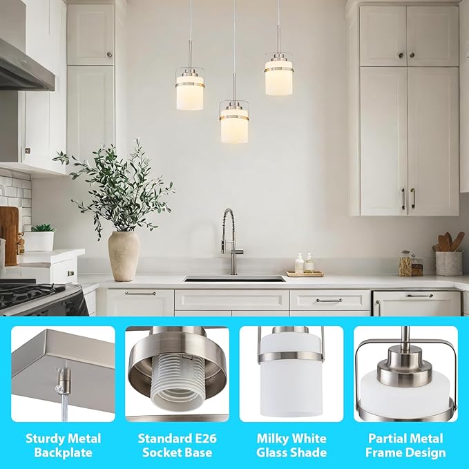 Nickel 3-Light Pendant Lighting, Adjustable Hanging Light Fixture with Milk Glass Shade, Modern Pendant Light for Kitchen Island Dining Room Bar Over Sink/Table/Counter