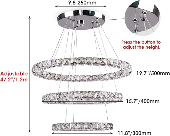 CXGLEAMING Modern Chandeliers Crystal Ceiling Light 3 Rings Dimmable LED Pendant Light Fixture Ceiling Hanging for Living Room Dining Room Bedroom Kitchen 250mm Base 209 Crystals(Dimmable)
