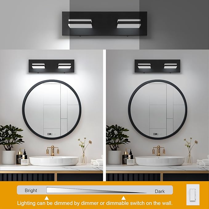 SineRise LED Modern Bathroom Vanity Light Fixtures (2-Light, 15.5-Inch, Dimmable), Matte Black Modern Acrylic Bathroom Wall Lighting Fixtures Over Mirror (Cool White 6000K)