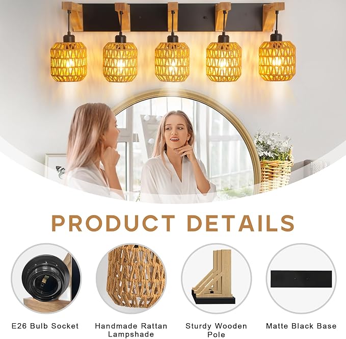 5-Light Bathroom Vanity Light Fixtures, Rustic Style Rattan Vanity Lights with Handmade Bamboo Woven Boho Wicker Lampshade, Farmhouse Wooden Bracket, Suit for Stairway Bedroom and Hallway