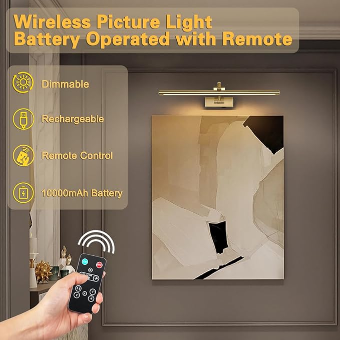 DESOOP Wireless Picture Lights with Remote and Timer Rechargeable Brass Gallery Lighting Battery Operated Art Lights Over Frame Portrait 5W 24'' Inch Warm White