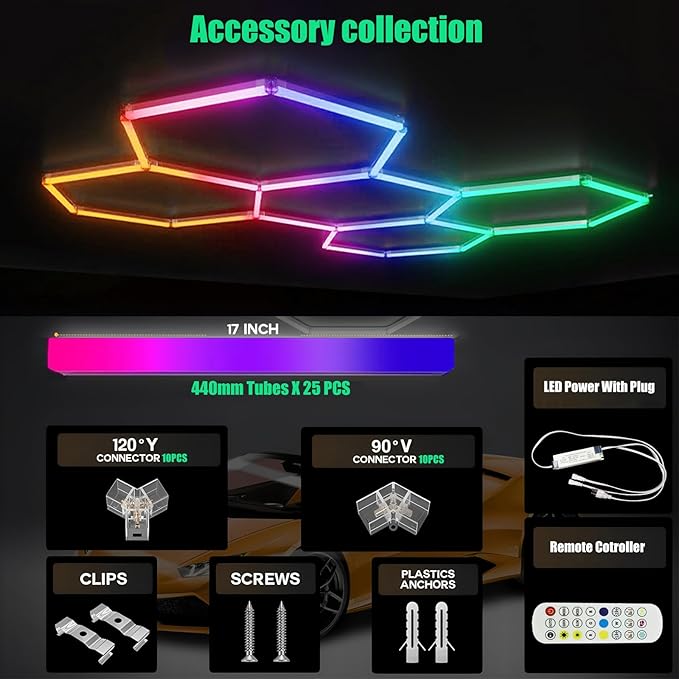 25Pack RGB Hexagon led Garage Lights,5 Hexagon Light with Multi Color,Dimmable&Speed Adjustable RGB Hex Wall Lights DIY Design for Remote Control