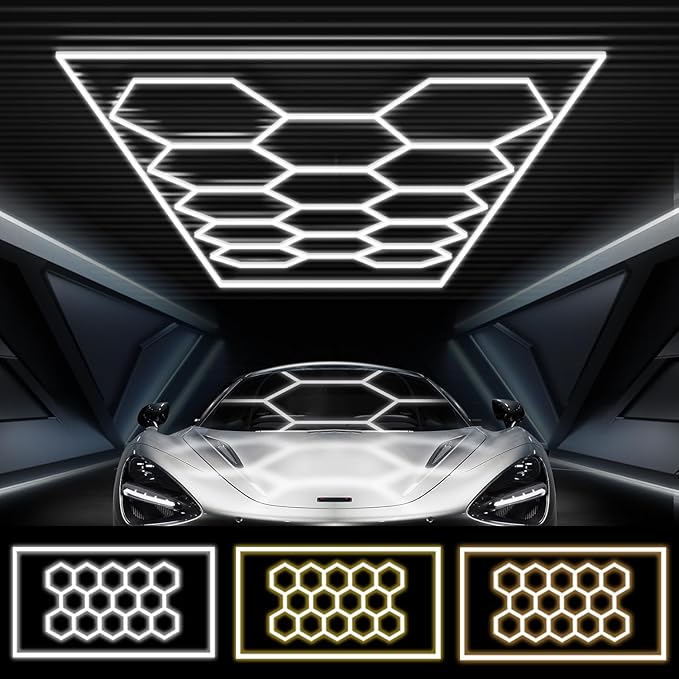 FERUERW Hexagon Garage Lights 14 Grid, 3 Color Temperature(2700/4300/6500K) Dimmable with Rectangle Frame, 14 Hex Grid for Garage, Shop, Basement, Car Detailing Shop etc. with Mounting Clip