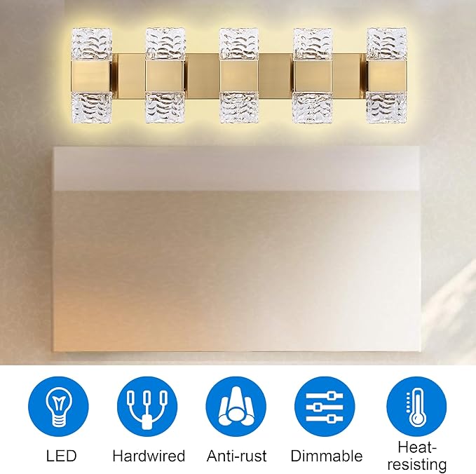 MELUCEE 5 Lights Brass Crystal Vanity Light Bar LED Bathroom Lights Over Mirror Wall Mount, 30.3-Inch 40W LED Modern Vanity Lighting Fixtures for Bath Restroom Powder Room, 3000K Warm Lighting