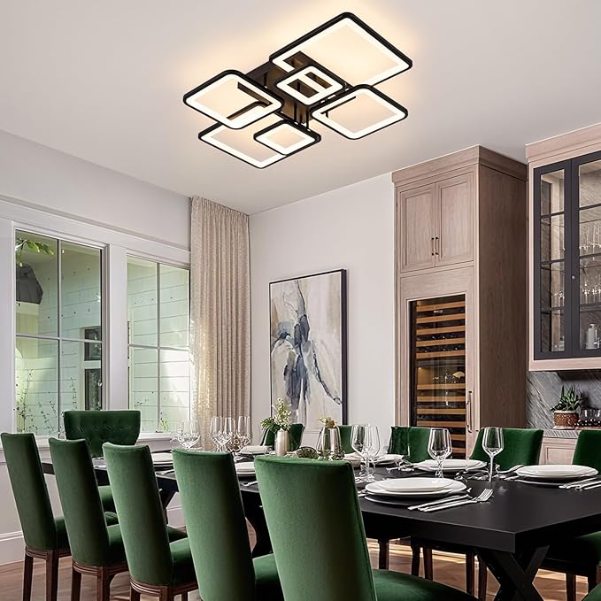 31.5''Dimmable Modern LED Ceiling Light Black 6Rings Square Ceiling Lamp 3000K-6500K Flush Mount Ceiling Lightwith Remote for Dining Room, Kitchen, Living Room