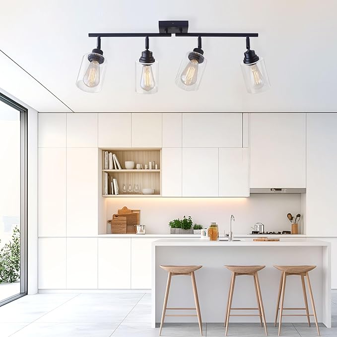 Modern 4-Light Track Lighting Fixtures Ceiling with Clear Glass Shades, E26 Base Kitchen Ceiling Light Fixture for Living Room, Bedroom & Bathroom