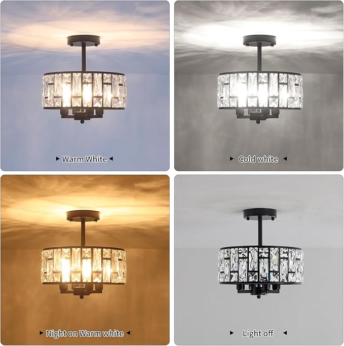 11.22’’ Crystal Ceiling Light Fixture, Black Semi Flush Mount Ceiling Light, 4-Light Modern Ceiling Light for Hallway Entryway Kitchen Bedroom Bathroom