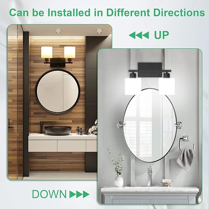 Bathroom Light Fixtures Over Mirror, Anti-Rust Matte Black Vanity Lights 15 Mid Century Modern 2-Light Wall Sconces, Milky White Glass Shades, E26 Standard Socket, Bulbs Not Included