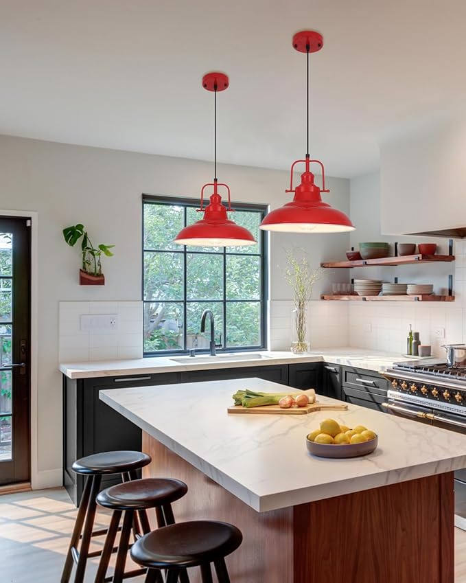 Farmhouse Pendant Lighting for Kitchen Island,Red Pendant Light with Handle, Adjustable Height Industrial Ceiling Light Fixture for Hallway Dining Room Bar,2 Pack