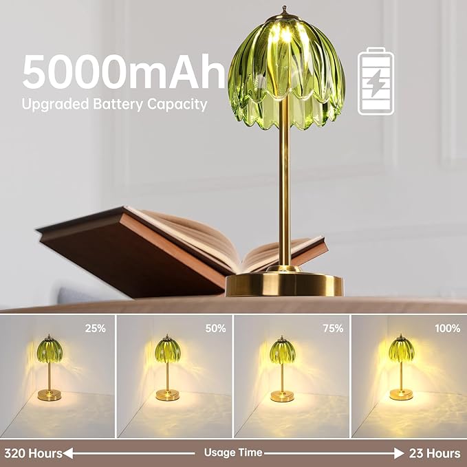 Shenmoyl Tulip Table Lamp with 5000mAh Battery & Touch Control, Cordless Table Lamp with 3 Colors, Dimmable Rechargeable Table Lamps for Bedroom, Nightstand, Living Room, Entryways (Green Tulip)