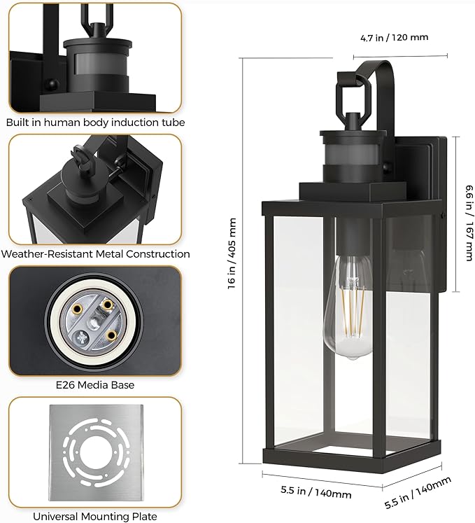 DORESshop Large Size Motion Sensor Outdoor Wall Lights, 16 Inch Matte Black Waterproof Anti-Rust Outdoor Light Fixtures Wall Mount with Clear Glass Shade for Porch, Garage, ETL Listed, 2 Pack