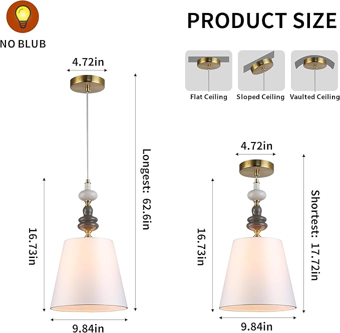Art Deco Pendant Lights 2 Pack with Ceramic and Fabric Shade,Adjustable Pendant Light Fixture for Kitchen Island Dining Room Hallway BedHead