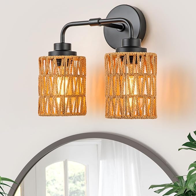 Bathroom Light Fixtures, Rustic 2-Light Vanity Lights Over Mirror Farmhouse Wall Mounted Light Natural Style Wall Lamp Boho Lighting Fixture Rattan Wall Sconce for Bedroom