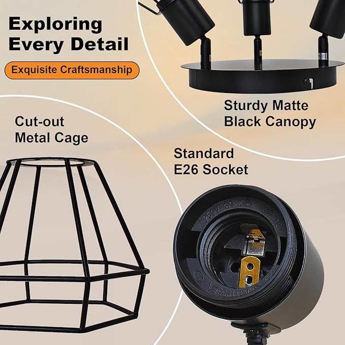 LTBLIGHT 3-Light Track Lighting Fixtures, Rotatable Ceiling Light Kit, Black Metal Wire Cage Lighting Fixtures with Round Plate Spotlights for Kitchen, Bedroom, Hallway, E26 Base, Bulbs Not Included