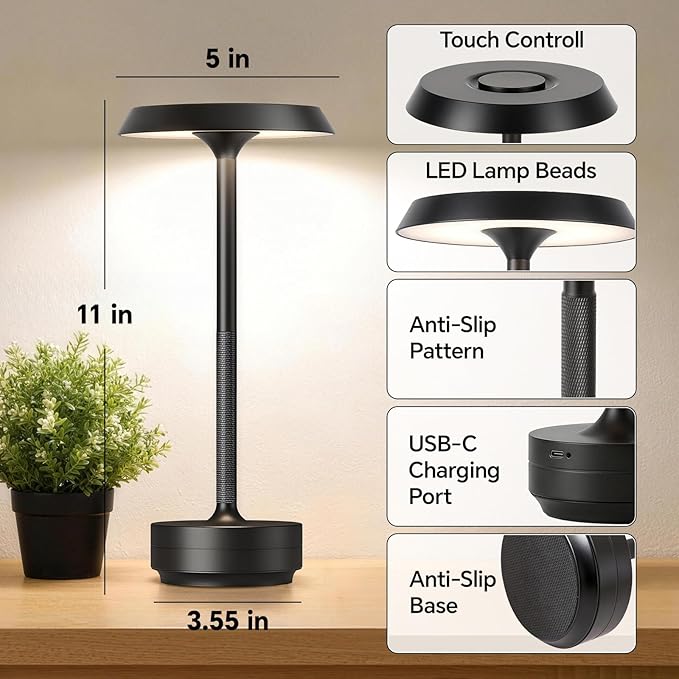 Mevnxi Cordless Table Lamp, Portable LED Desk Lamp, 5000mAh Battery Operated, 3 Color Stepless Dimming Up, for Restaurant/Bedroom/Bars/Outdoor Party/Camping/Coffee Shop Atmosphere Night Light(Black)
