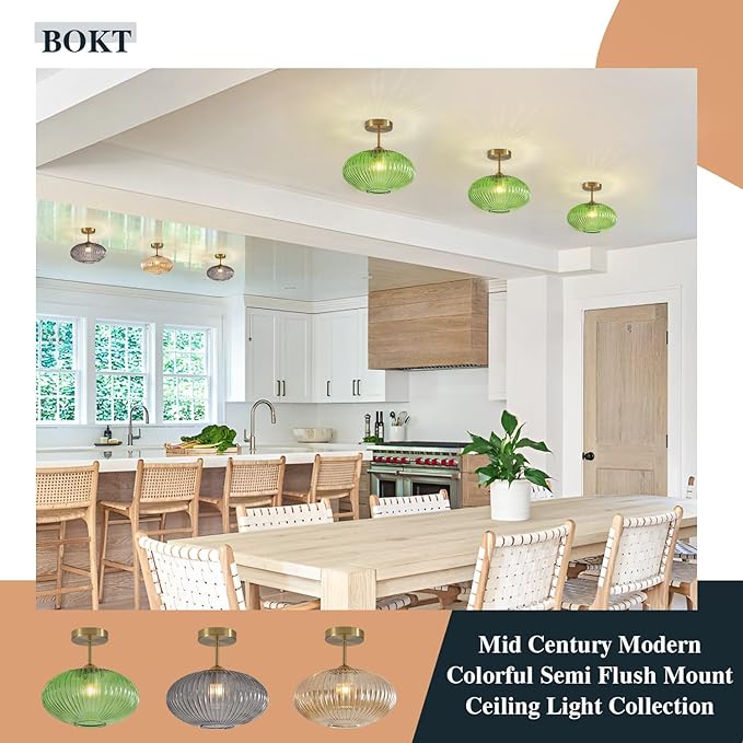 BOKT Modern Ceiling Light Green Glass Pendant Light Stairway Mid Century Close to Ceiling Light Gold Semi Flush Mount Ceilings Light Fixture for Island Kitchen Dining Room Hallway 9.8"