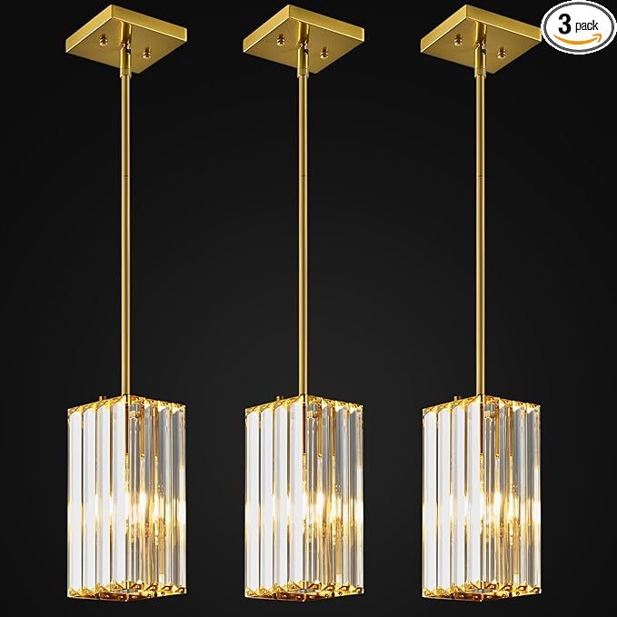Modern Pendant Light Gold Rectangle Pendant Lighting Mini Crystal Chandeliers Adjustable Pendant Light Fixture for Kitchen Island Dinning Room Living Room Corridor Bedroom(Gold 3-Pack)