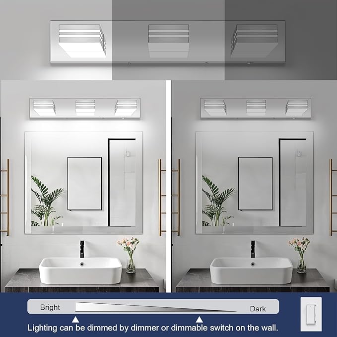 LED Modern Bathroom Vanity Light Fixtures (3-Light, 24-Inch)(5CCT, Dimmable), Chrome Modern Bathroom Wall Lighting Fixtures Over Mirror (3000K/3500K/4000K/5000K/6000K)