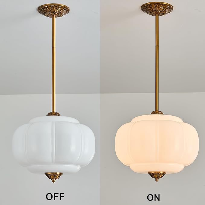 15-Inch Vintage Semi Flush Mount Ceiling Light, Milk Glass Chandelier with Antique Brass Finish, Mid Century Modern Schoolhouse Pendant Light Fixtures for Kitchen, Hallway, Dining Room