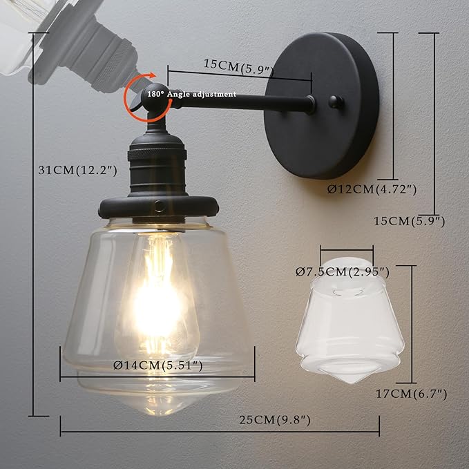 Phansthy Wall Sconces Light Fixture Industrial Wall Lamp, 180 Degree Adjustable Bathroom Vanity Light, Wall Light with Glass Shade Wall Decorative Lighting for Kitchen Living Room Hallway (Black)