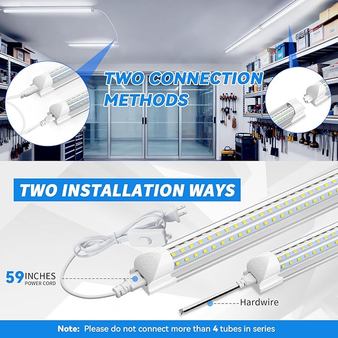 CNSUNWAY Led Shop Lights, 4FT LED Light 50W 7500LM 6500K Daylight White, D Shape Garage Light, Linkable Clear Cover T8 Integrated for Garage Workshop Workbench, ETL Listed(6-Pack)