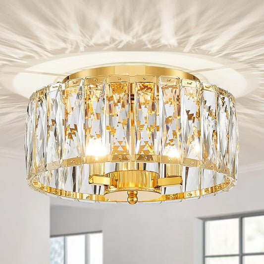 Crystal Ceiling Light, 3-Light Modern Flushmount Ceiling Light for Living Room, Dinning Room Hallway, D12xH9inch, Gold Finish Frame & K9 Crystal