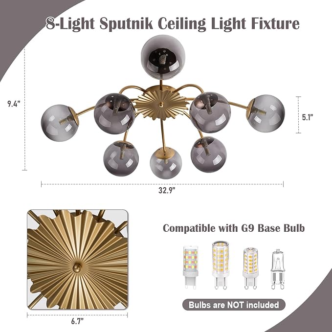 8-Light Bubble Chandelier, 33" Dia Sputnik Ceiling Light Fixture Cluster Globe Dining Room Light Fixture, Modern Grey Chandelier for Living Room Dining Room Bedroom (Grey, 8 Light Ceiling Light)