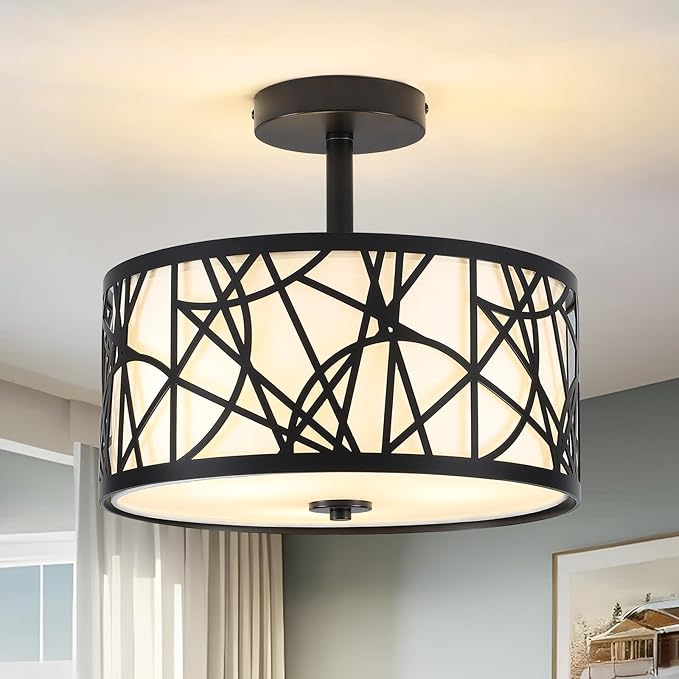 BUXVRCS Semi Flush Mount Ceiling Light, Unique 3-Light Drum Light Fixture with Fabric Shade, Kitchen Light Fixtures Ceiling Mount, Modern Close to Ceiling Lamp for Living Room (Black)