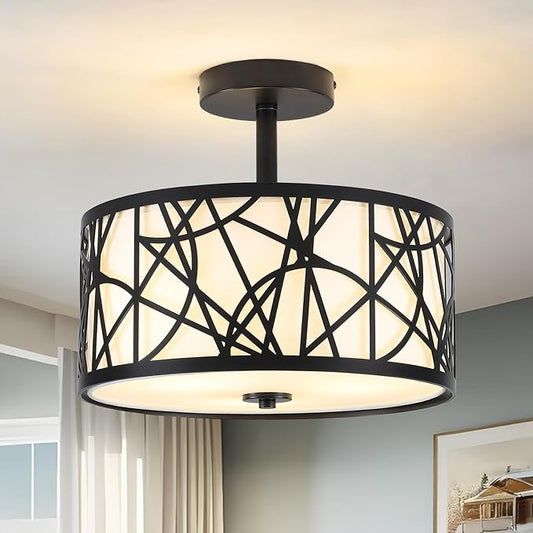 BUXVRCS Semi Flush Mount Ceiling Light, Unique 3-Light Drum Light Fixture with Fabric Shade, Kitchen Light Fixtures Ceiling Mount, Modern Close to Ceiling Lamp for Living Room (Black)