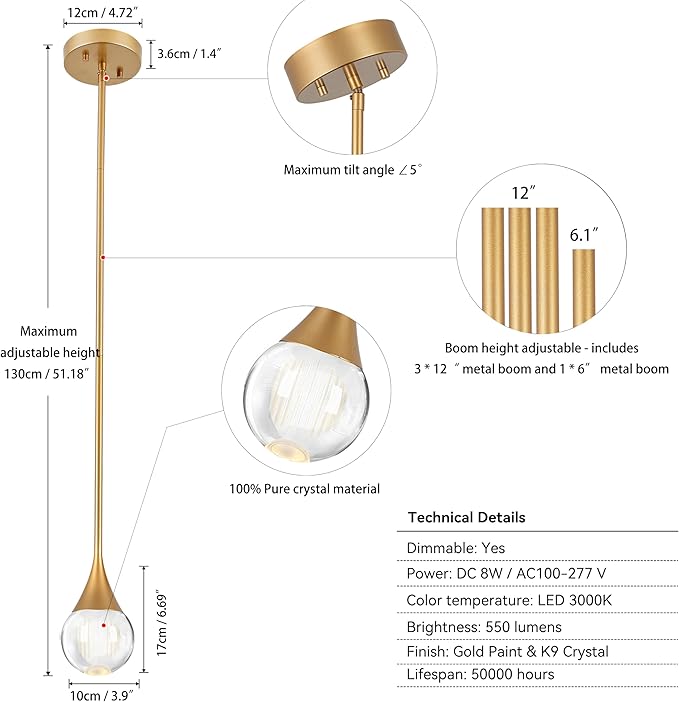 3-Pendant Lights Kitchen Island, Painted Gold Globe Crystal Ceiling Hanging Light Fxitures, LED Light Fixtures Metal Rod Ceiling Glass Pendant Lighting for Kitchen Island Dining Room Bar