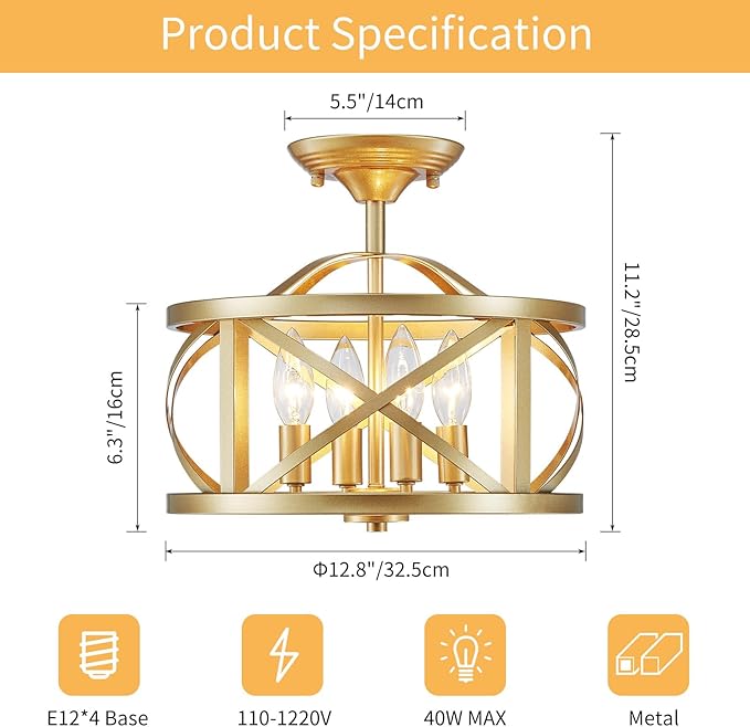 LOOYD Semi Flush Mount Ceiling Light Fixture Vintage Ceiling Light Farmhouse Ceiling Light Metal Cage Ceiling Lamp for Kitchen Dining Room Hallwa Bedroom Living Room (Gold)