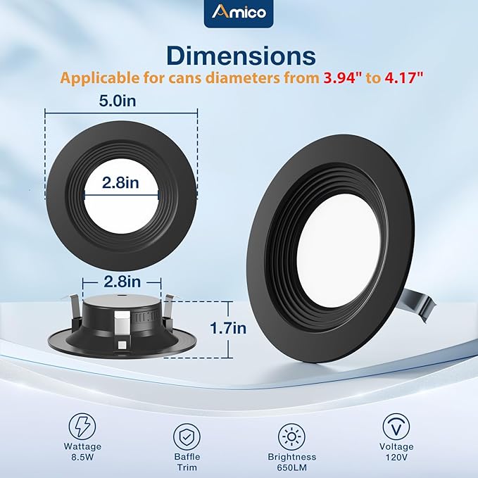 Amico 4 Inch 5CCT LED Recessed Lighting 12 Pack, Dimmable, Damp Rated, 8.5W=60W, Can Lights with Baffle Trim, Retrofit Installation, ETL&FCC, Black